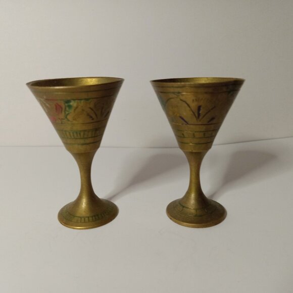 Set of 2 Vintage Etched Brass  Goblet Chalice Cups  2.5 in - Picture 11 of 12